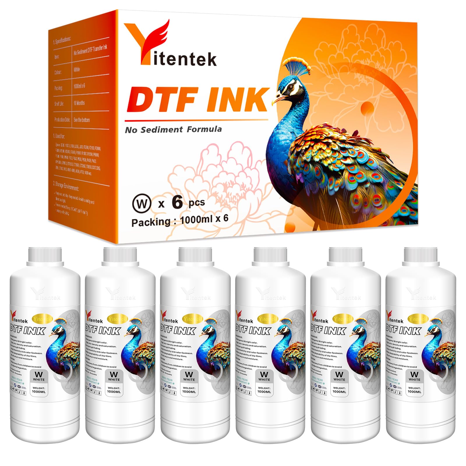 No Sediment DTF White Ink 6000ML DTF Transfer Ink for PET Film Pigment Ink Refill for P600 P800 DX5 XP600 4720 i3200 i1600 5113. High Fluidity, Whiteness & Coverage 1000ml x 6, White