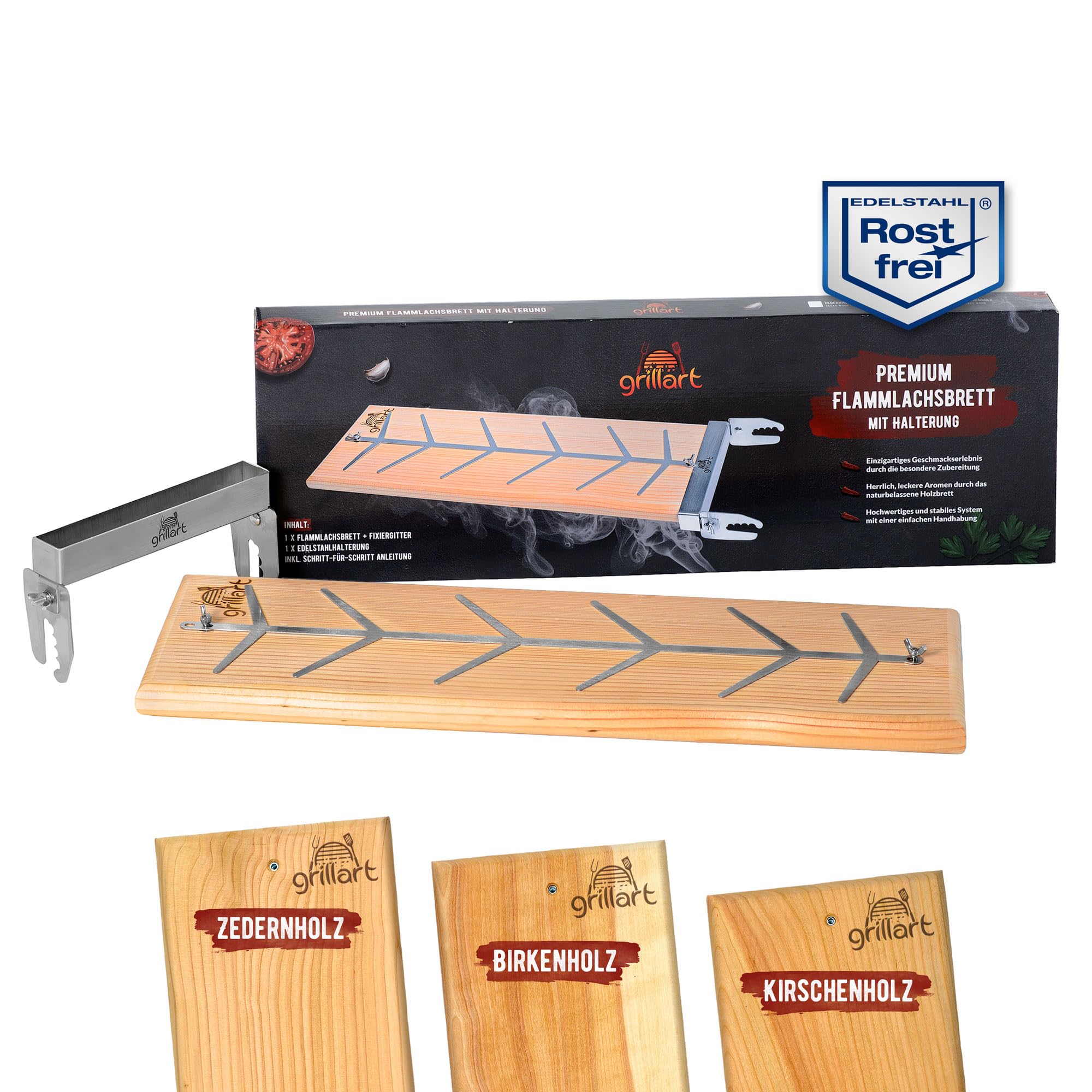 grillart® Premium Flame Salmon Board with Holder (Birch Wood) - Stainless Steel Flame Cooking Board - Heat-shielding and Rotatable Holder - Ideal for Fire Bowl, Barbecue and Campfire