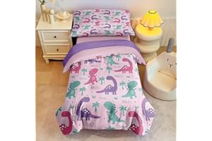 GRAT TIOC 4 Piece Toddler Dinosaur Bedding Set for Girls,Pink Dino Toddler Comforter Sets Soft Bed Set Include Comforter,Fitted Sheet, Flat Top Sheet and Pillowcase,Bed in A Bag for Bedroom