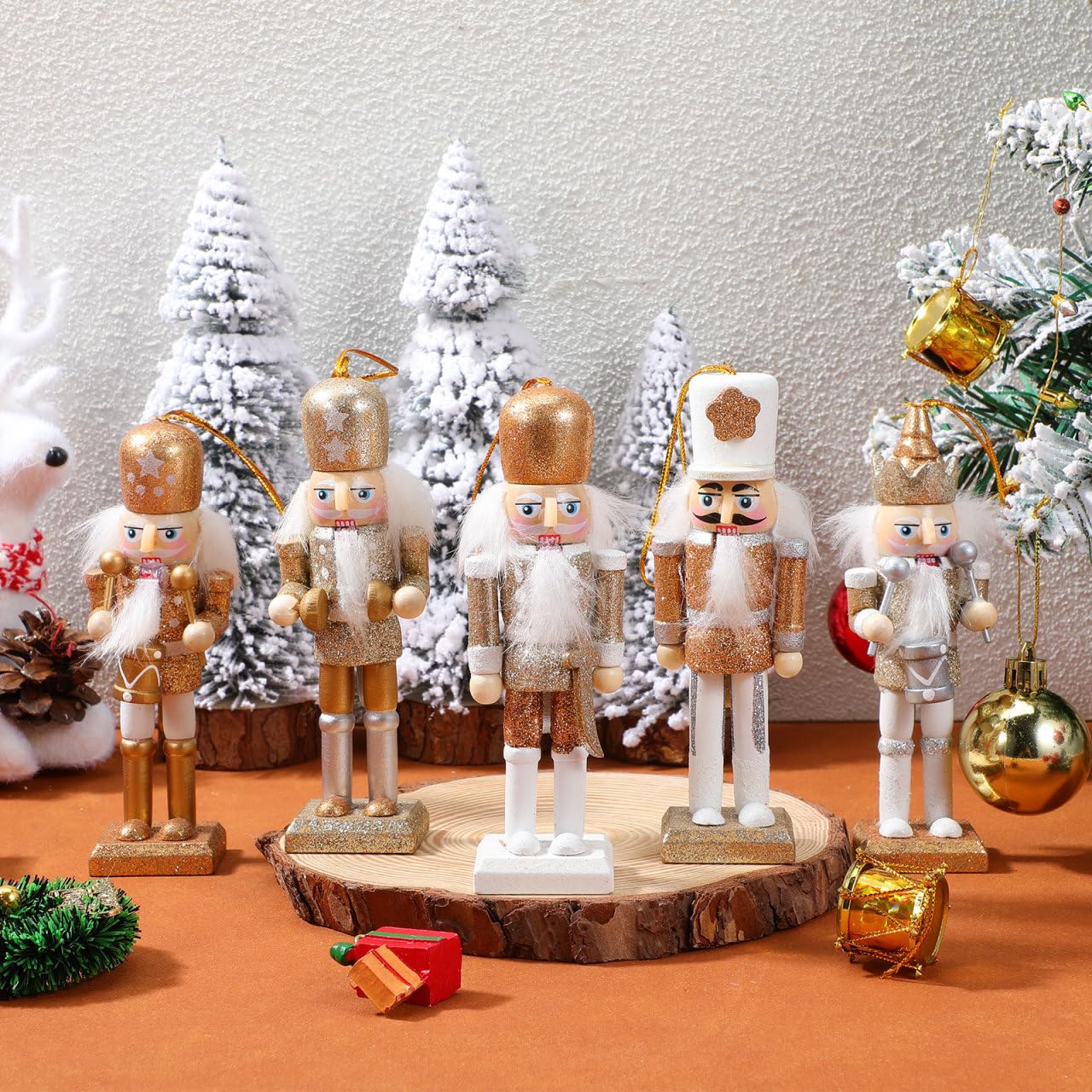 TOVINANNA 5 Pieces Christmas Nutcracker Ornament, Nutcracker Christmas Decor Wooden King and Soldier Hanging Ornaments Decorative Set-gold and Silver Glittered s