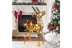 LightsUp Reindeer Christmas Decor, 24" H Rattan Christmas Lighted Reindeer 40 Warm White LEDs, Battery Powered 3D Prelit Christmas Deer Outdoor Decorations with Timer for Xmas Holiday Display
