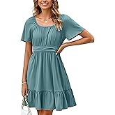 Simplee Womens Summer Dresses 2025 Mini Square Neck Casual Short Sleeve Shirred Flowy A-Line Dress with Pockets