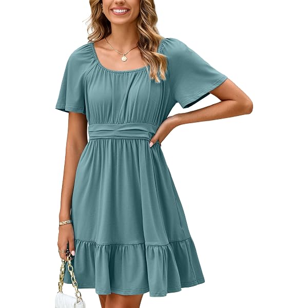 YicjSshi Womens Summer Short Dresses Solid Sleeve Flounce Sleeve Round Neck  A-line Dress For Women at Amazon Women's Clothing store
