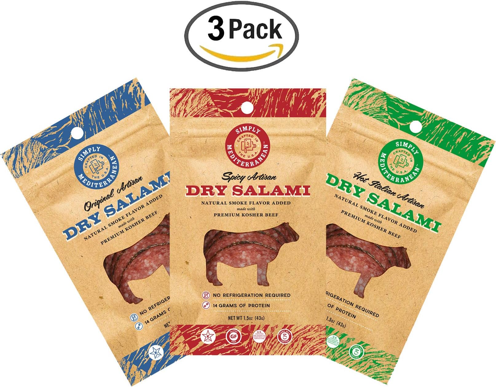 Hand Crafted, Artisan All Beef Dry Salami, Glatt Kosher and Halal Certified, No Refrigeration Required, Shelf Stable, Great for Traveling - Variety Pack