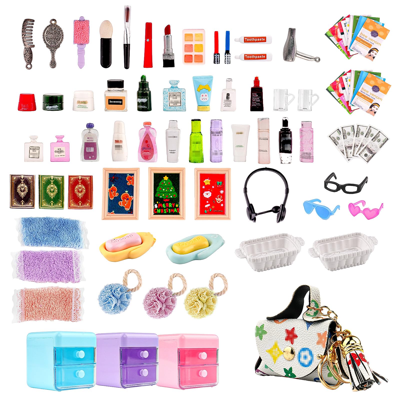87Pcs Dollhouse Miniature Bathroom Accessories Cosmetic & Toilet Pretend Play Mini Makeup Set with Shampoo Perfume Hair Dryer Comb Purse Decor DIY Doll Backpack Glasses Photo Frame Salon Spa