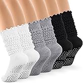 Tivi Tovo 6 Pairs Grip Pilates Ruffle Socks for Women Yoga Grippy Ruffle Long Slouch Sock Non Slip Socks for Barre Hospital