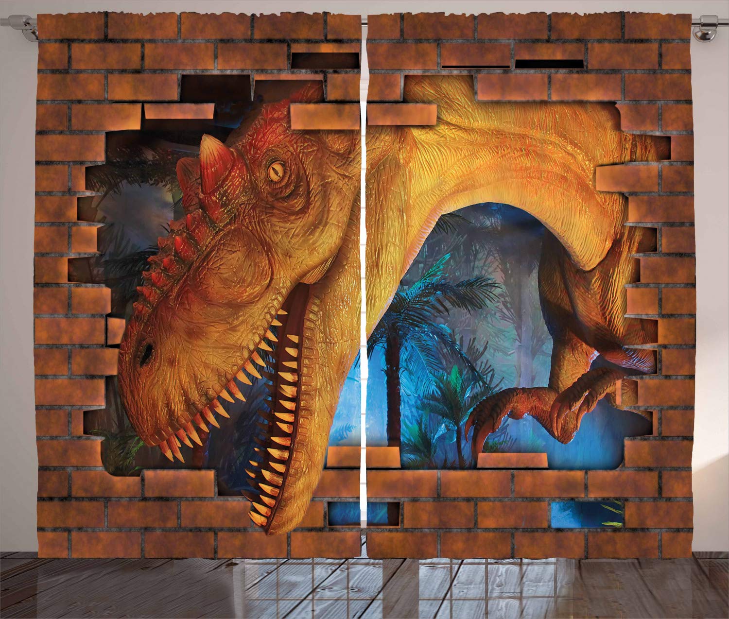 ABAKUHAUS Dinosaur Curtains, Tyrannosaurus Breaks a Brick Wall Frightening Scary Scenery Jungle Invaded House, Living Room Bedroom Window Drapes 2 Panel Set, 280 x 175 cm, Orange Aqua — image 1