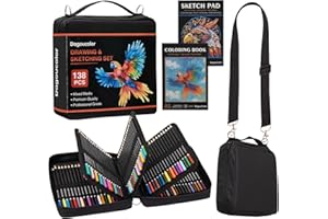 DagouColor Drawing Pencils in Shoulder Bag, 136 Colored Pencils Drawing Kit, Sketching Set with 3-Color Sketchbook, Coloring 