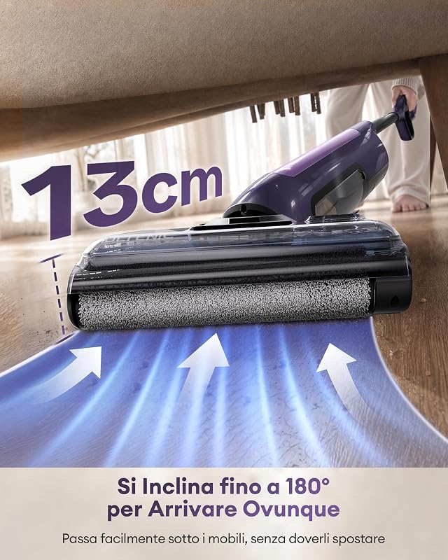Aspirapolvere Lavapavimenti, Design Piatto a 180°, 0 mm Pulizia Bordi, Lavapavimenti Senza Fili 3-in-1, Autonomia 55 min, Auto-Pulizia, Anti-Groviglio, Assistente Vocale 5 Lingue