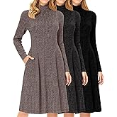 Oakgarden 3 Pack Women's Turtleneck Long Sleeve Dresses, Ribbed Knit Casual Fall Winter Sweater Dresses with Pockets(Pink Brown, Dark Gray, Black,Medium)