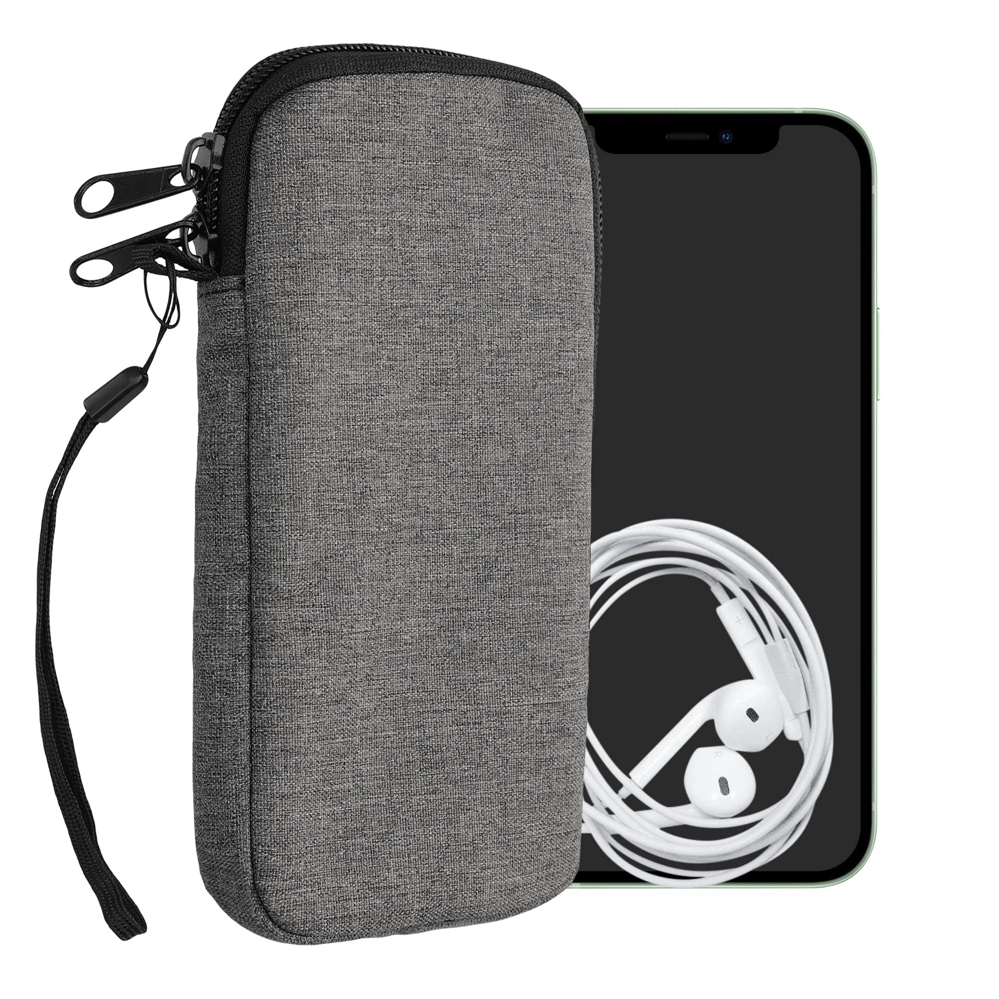 kwmobile Fabric Phone Pouch Size XL - 6.7/6.8" - Universal Sleeve Mobile Smartphone Bag with Zipper, Wrist Strap - Dark Grey