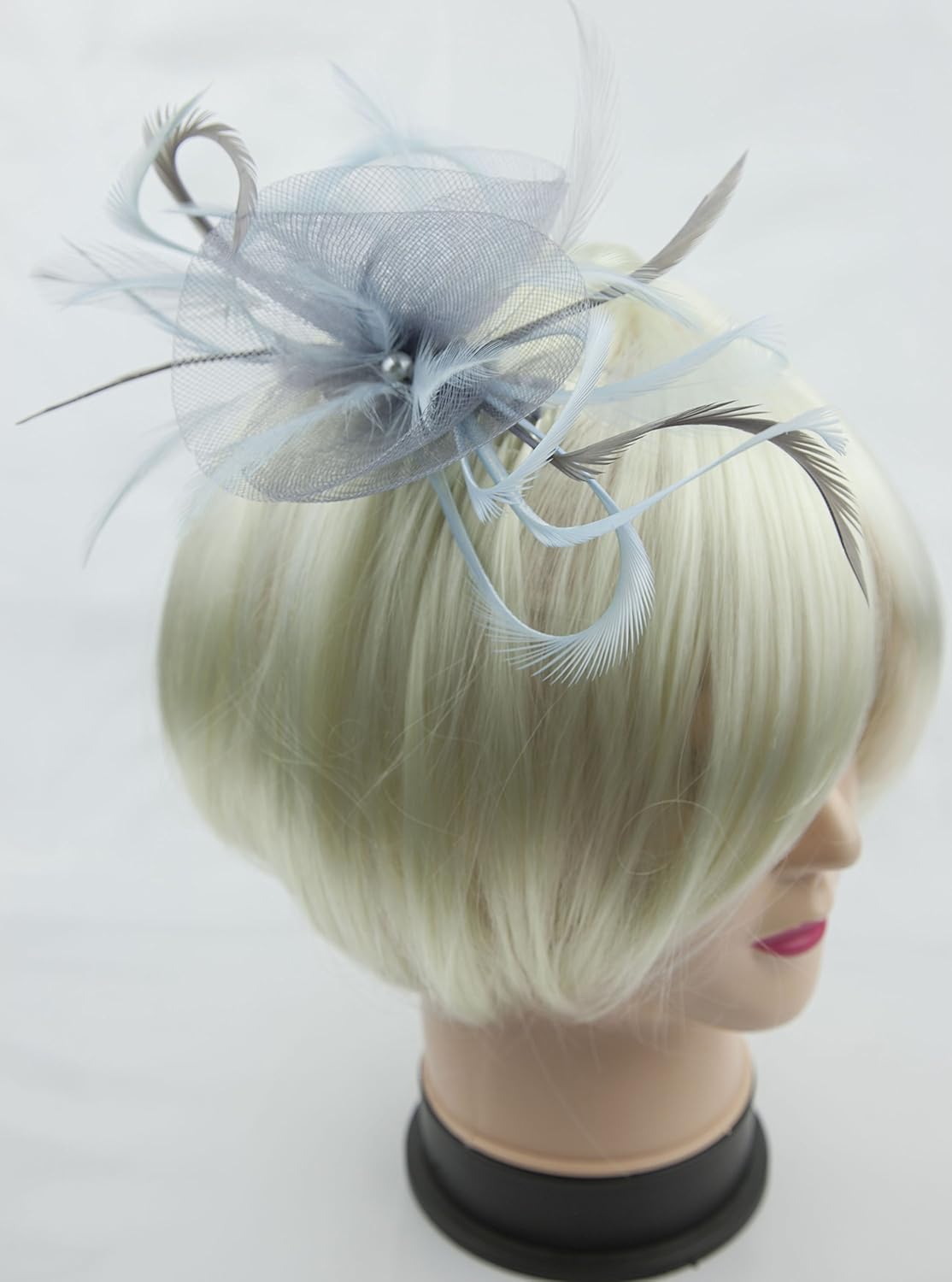 Silver grey fascinator with accent colours of blue, lemon, lilac, pink