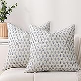 DWR Leaf Print Throw Pillow Covers 18x18 (Set of 2), Block Print Decorative Pillow Covers in Denim Blue, Neutral Faux Linen Cotton Blend, Vintage Style for Couch, Sofa, Bed, Living Room