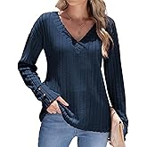 BSYUROS Women's V Neck Knit Sweater Long Sleeve Top with Button Cuffs Soft Casual Pullover Fall Outfits