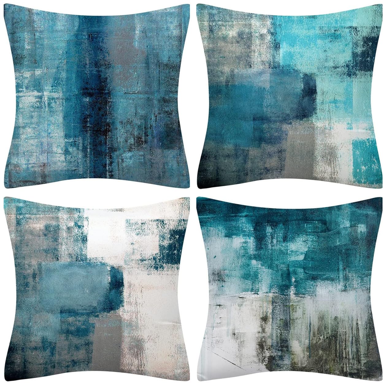 QUALKNOY Set of 4 Cushion Covers 18"x18" Teal Linen Modern Abstract Art Decorative Throw Pillow cases 45 x 45cm for Living Room Outdoor Decor Cushions