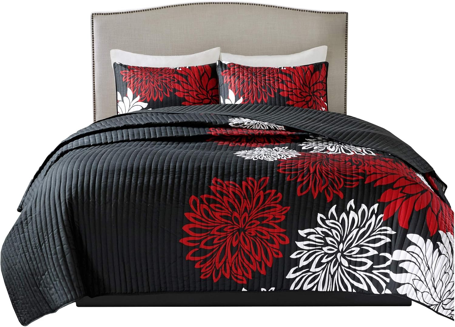 Comfort Spaces Enya 3 Piece Quilt Coverlet Bedspread Ultra Soft Floral Printed Pattern Bedding Set, King, Black-Red