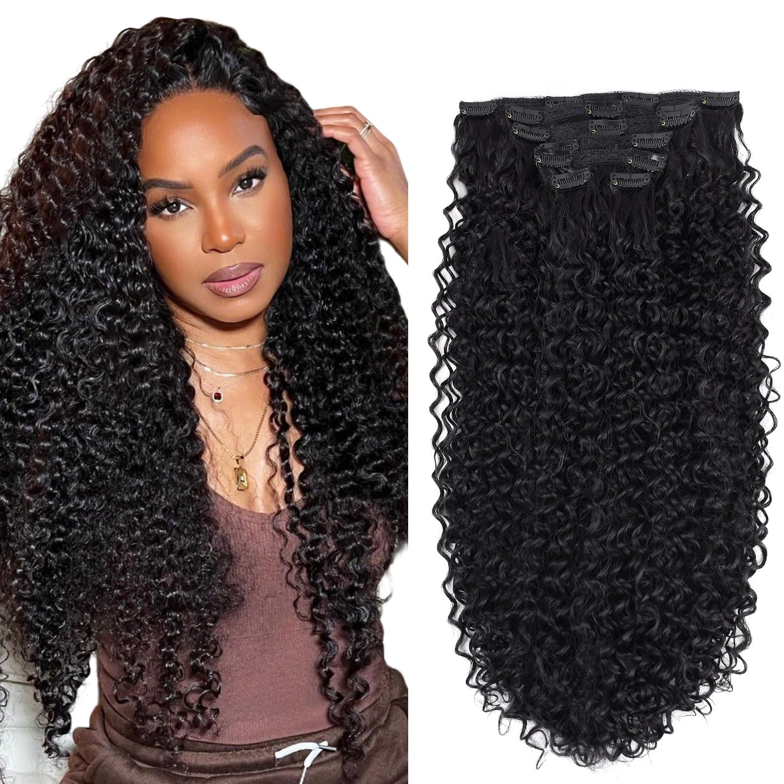 Photo 1 of Curly Clip in Hair-Extensions Clips in-Human Hair Feelings Black Jerry Curly Hair Extensions for Black Women Jerry Hair Extensions Curly Clip in Hair Extensions(#1Black)