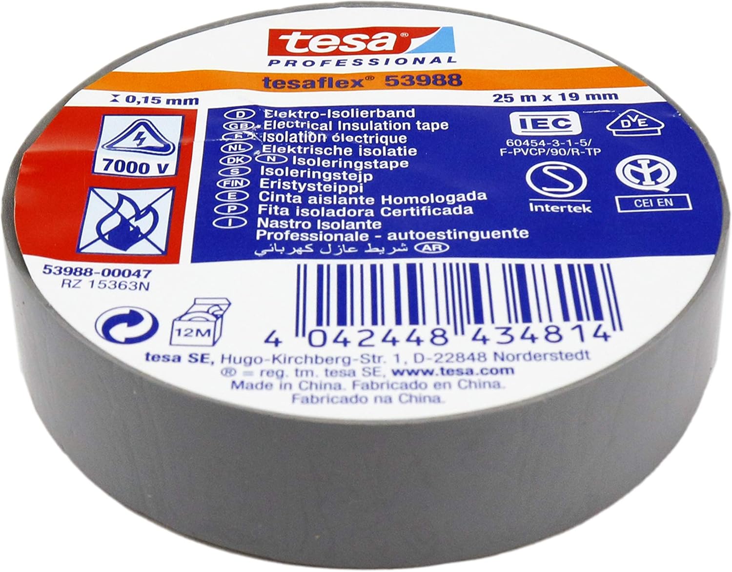 5 Insulation Tape Grey 19 mm x 25 m x 0.15 mm Tesa Tesaflex 53988 PVC