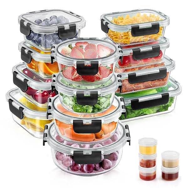 34PCS GLASS FOOD STORAGE CONTAINERS WITH LIDS SET, AIRTIGHT GLASS MEAL PREP CONTAINERS (17 CONTAINERS & 17 LIDS), LEAK PROOF LUNCH CONTAINER BPA-FREE, MICROWAVE, OVEN, FREEZER, DISHWASHER SAFE-BLACK