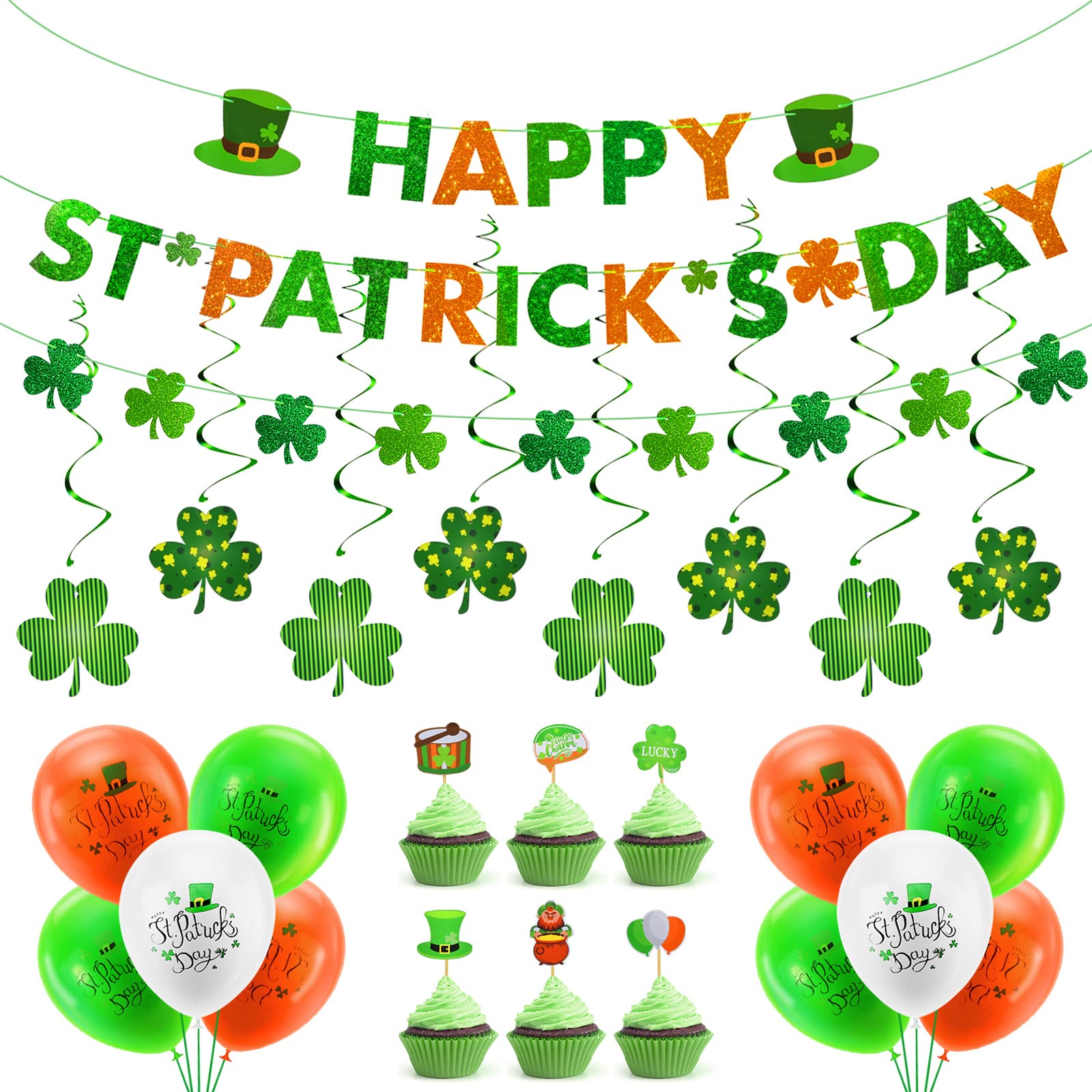 AhfuLife St. Patrick's Day Party Decorations, 3pcs Preassembled St. Patrick's Day Banners, 10pcs Balloons, 8pcs Hanging Swirls, 6pcs Cupcake Toppers for Irish Party Decoration