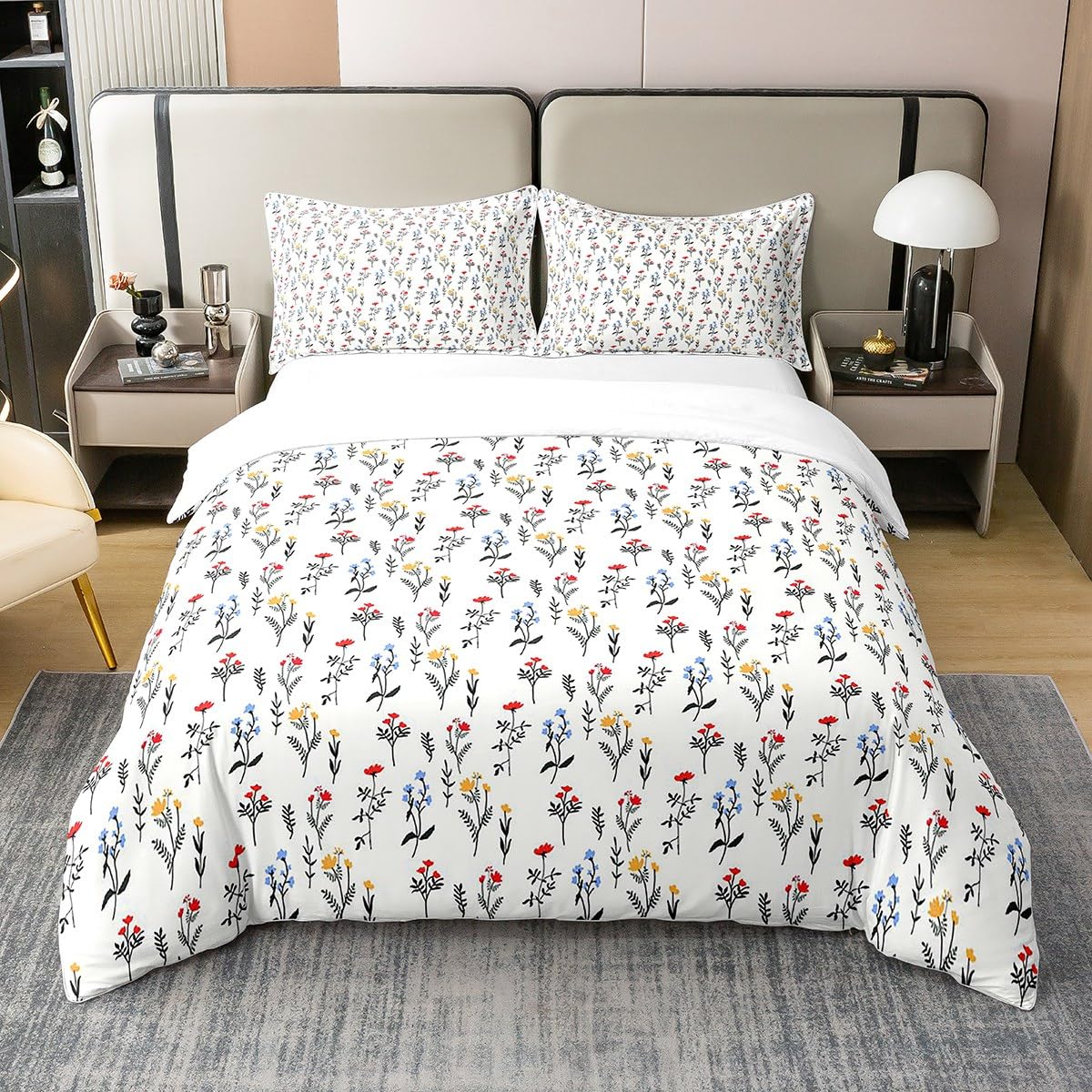 Homewish Cotton Aesthetic Bedding Set Single,Boho Floral Comforter Cover,Blue Red Yellow Flowers Duvet Cover,Blossom Botanical Leaf Branch Farmhouse Theme Quilt Cover for Kids Girls Soft Reversible