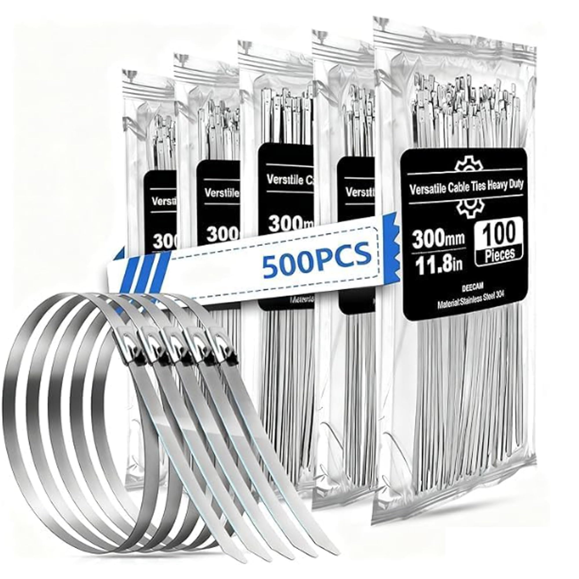 Stainless Steel Cable Ties, Deecam 500 Pcs 4.6×300mm Metal Cable Tie, 304 Stainless Zip Ties with Steel Ball Stopper, Suitable for Exhaust Wrapping, Binding Tie, Garden Repair and Fixed Fence(500 Pcs) — image 1