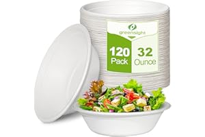 greensight Large Paper Bowls 32 oz, 120 Pack Compostable Bowls, Heavy Duty Paper Bowls, Disposable Bowls For Hot Soup, Salads,Cereals, White Bagasse Bowls