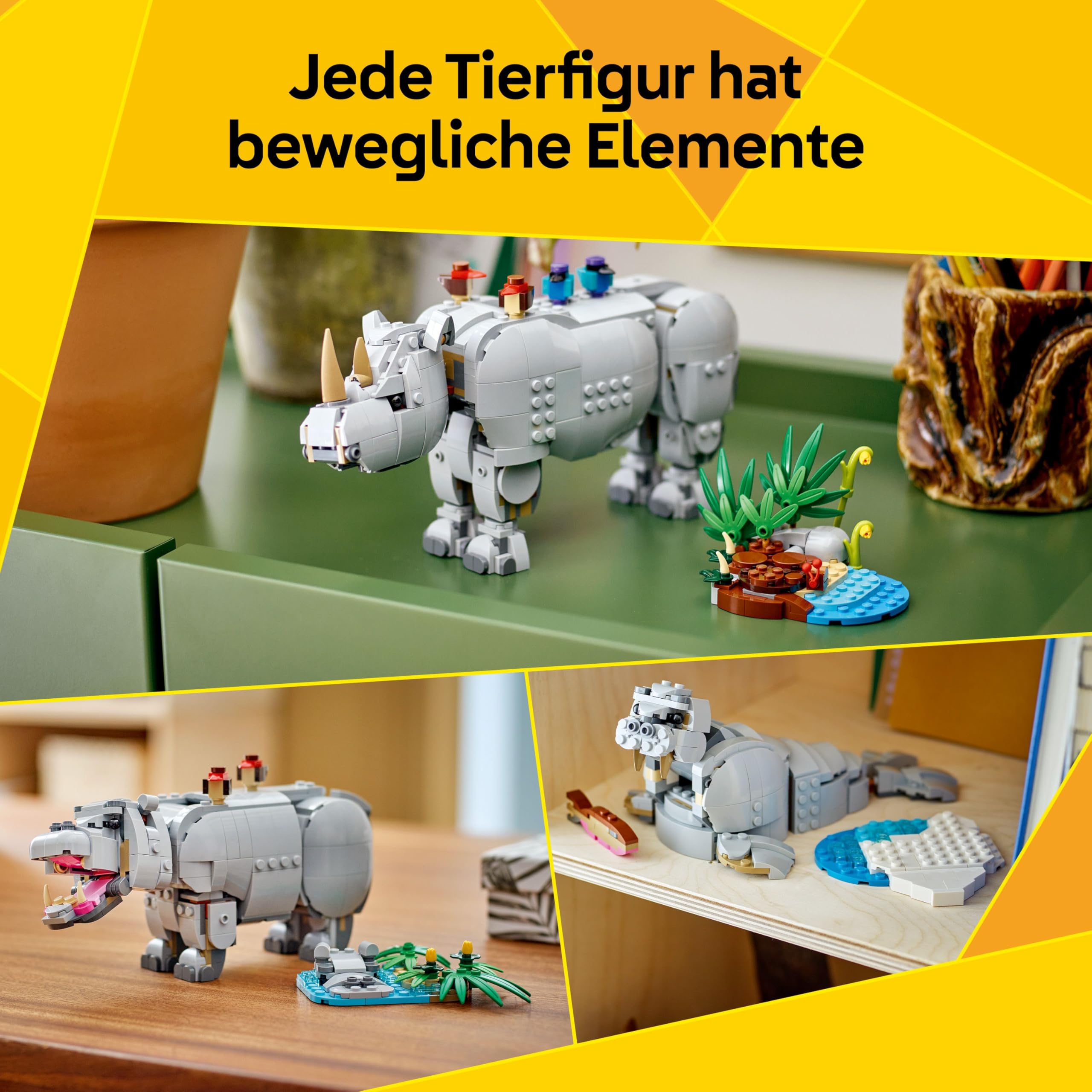 LEGO Creator 3in1 Wilde Tiere: Prächtiges Nashorn mit Vögeln - Kinder Spielzeug mit Tierfigur - Figur verwandelt sich in ein Nilpferd oder Walross - Geschenk für Mädchen und Jungen ab 9 Jahren - 31171 3