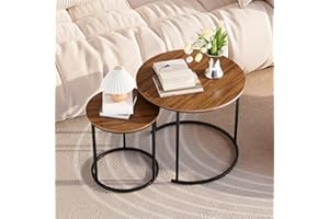 RRG Coffee Table Nesting Rustic Brown Set of 2 Side - Black Frame and Round Rustic Brown MDF Table, Industrial End Table Side Tables for Living Room Bedroom Apartment Balcony Yard,Oak MDF