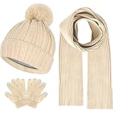 Kids Winter Hat Gloves Scarf Set Winter Knit Beanie Cap with Pompom Scarf Gloves Warm Set for Toddlers Boys Girls Ages 2-8