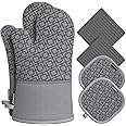 Oven Mitts and Pot Holders Sets 6pcs, Kitchen Oven Glove,High Heat Resistant 550 Degree Extra Long Oven Mitts and Potholders with Non-Slip Silicone Surface for Home Essentials (Grey)