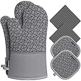 Oven Mitts and Pot Holders Sets 6pcs, Kitchen Oven Glove,High Heat Resistant 550 Degree Extra Long Oven Mitts and Potholders with Non-Slip Silicone Surface for Home Essentials (Grey) (Gray)