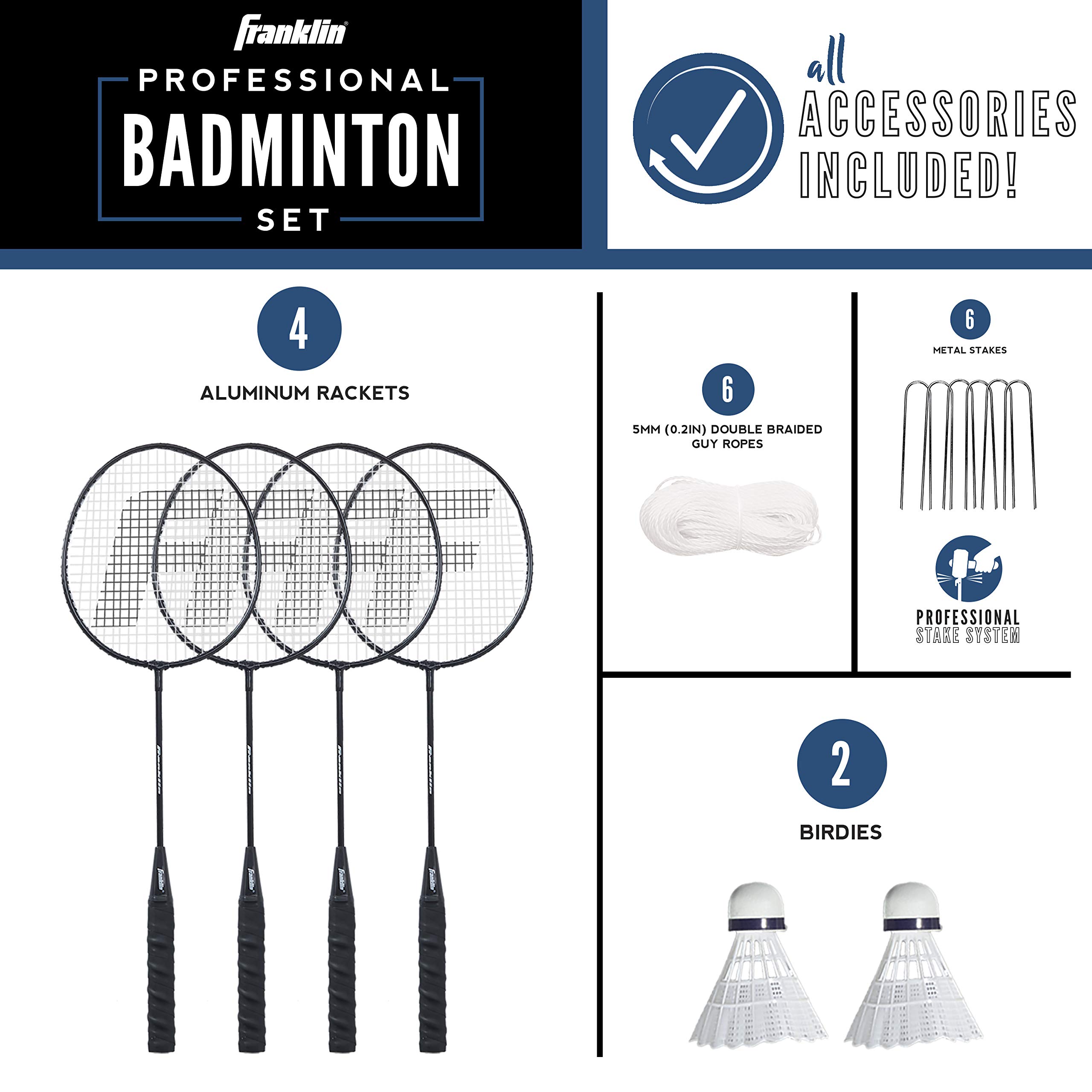 Franklin Sports Badminton Net Sets - Outdoor Backyard + Beach Badminton Net + Equipment Set - (4) Rackets + (2) Birdies + Portable Net Included - Adults + Kids Set
