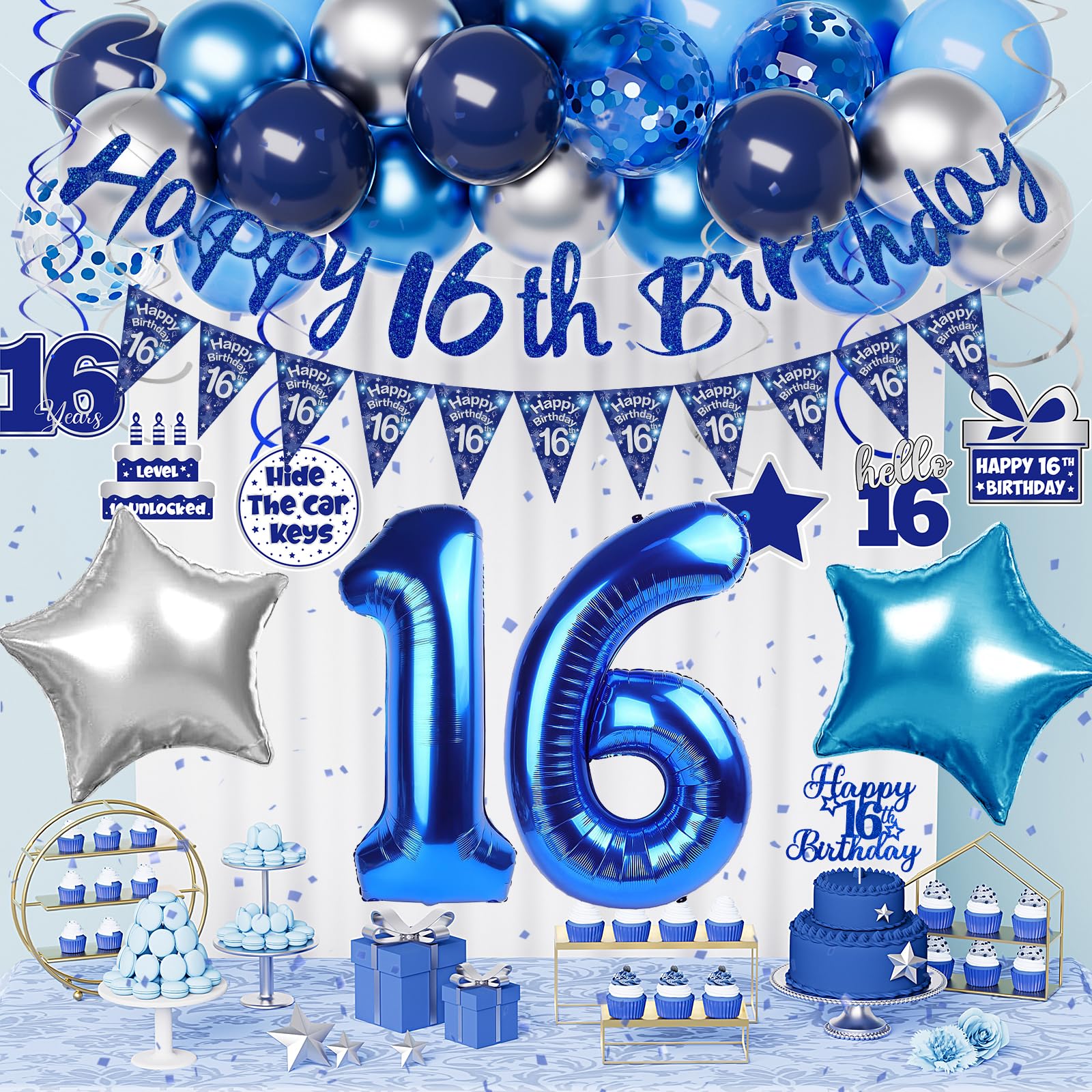 16th Birthday Decorations for Boys, Blue Silver Happy 16th Birthday Banner, 16 Year Old Birthday Decorations Boy Includes Number 16 Balloon Hanging Swirls Cake Topper Triangle Flag