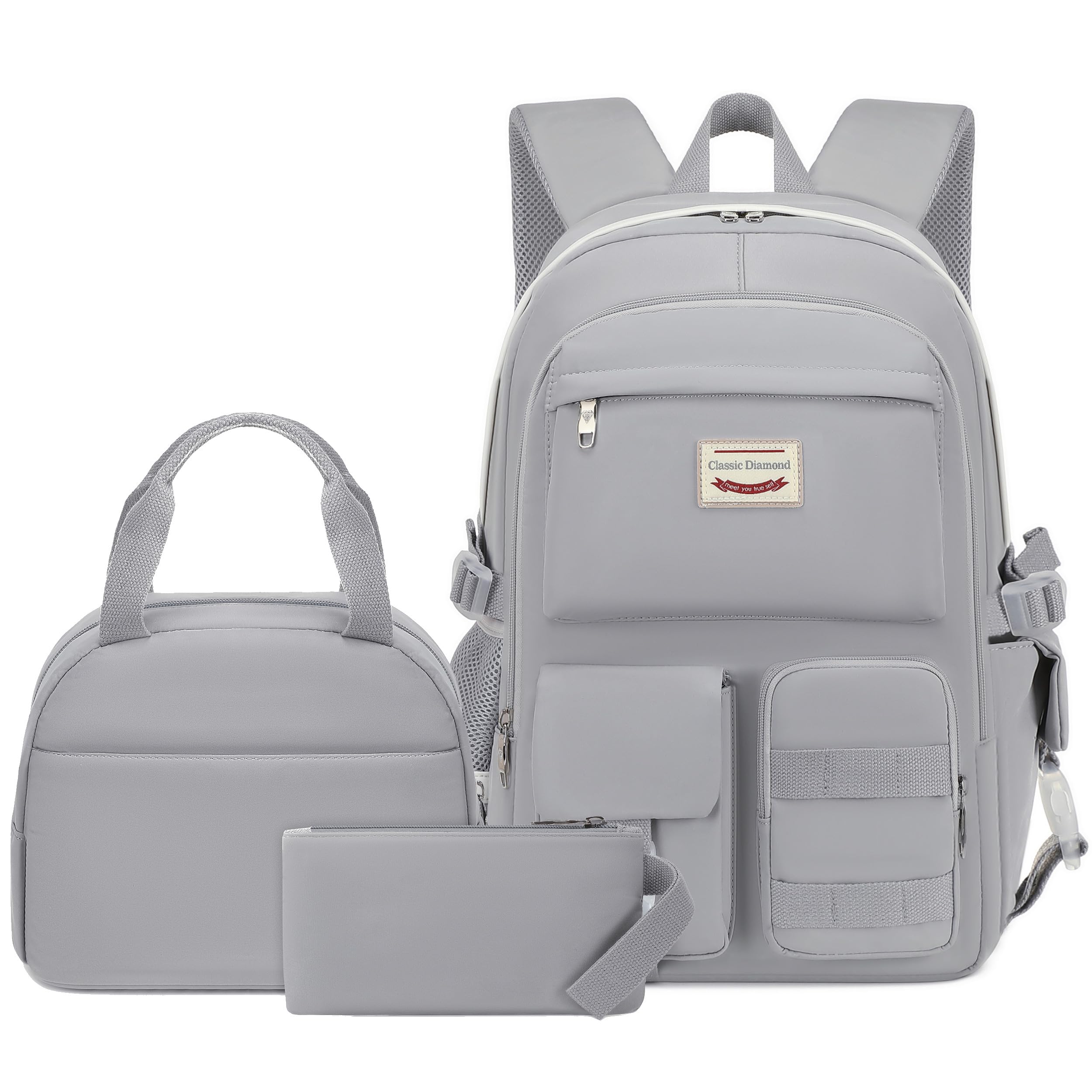 Photo 1 of Classic Diamond School Backpack for Girls with Lunch Box Cute Backpacks for Girls Backpack Bookbag Backpacks for Teens (Grey)