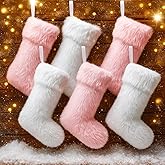 JOVITEC 6 Pieces 20 Inch White and Pink Christmas Stockings Faux Fur Snowy Christmas Stockings Xmas Fireplace Hanging Stocking Candy Gift Bags for Holiday Decorations