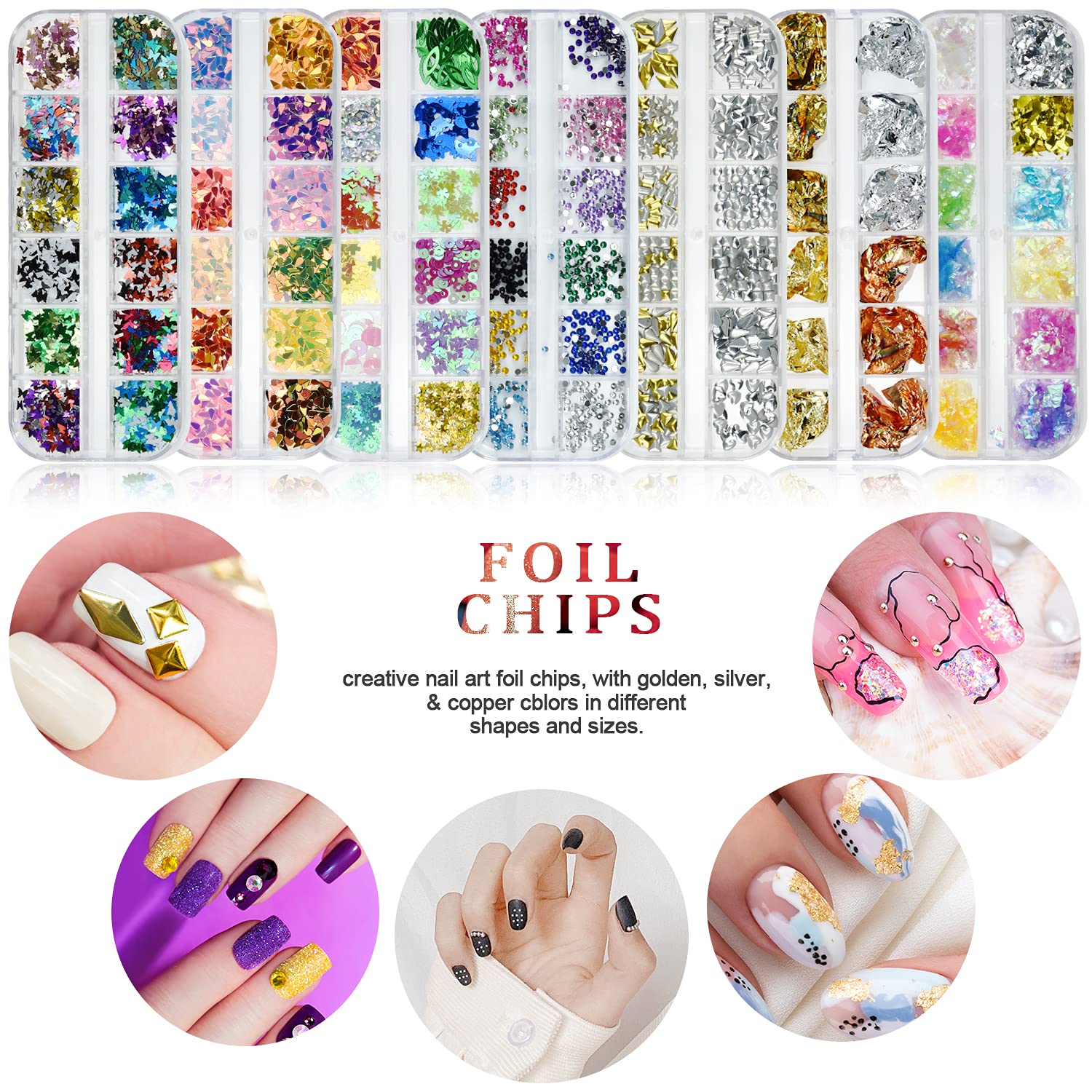 MENOLY Nail Art Supplies, 12 in 1 Nail Art Kit with Nail Tranfer Stickers Nail Brushes Nail Dotting Pens Round Shell Stickers Glitter Powder Nail sequins Nail Rhinestones, Nail DIY Design for Girls : Beauty