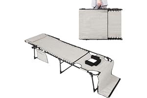 MUPATER Patio Chaise Lounge Chair for Outdoor with Face Hole, 4-Fold Ajustbale Backrest, Removable Pillow and Detachable Pocket, Portable Sun Lounger Recliner for Beach, Camping and Pool, Beige