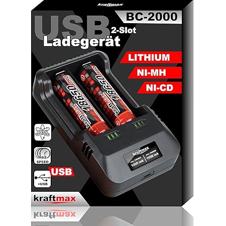 BC-2000 USB Akku Ladegerät für 18650 | 26650 | 14500 | 16340 | CR123 | 3,7V Lithium und Mignon AA | Micro AAA NIMH Akkus - NE