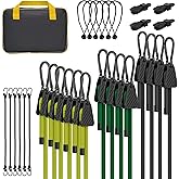 Bungee Cords with Hooks, Upgrade 30pcs Assortment Heavy Duty Outdoor with 24'' 32'' 48'' Adjustable Bungee Cords, 10'' J Hooks Cord, 6" Canopy Tarp Ball Ties and Tarp Clips Drawstring Organizer Bag