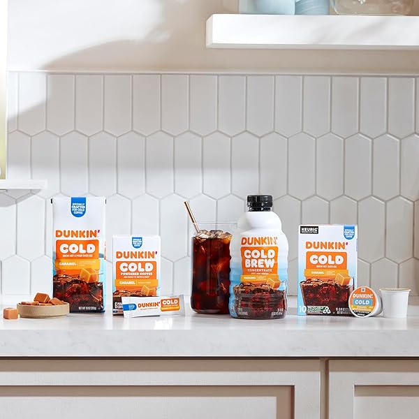 DUNKIN’ COLD ICED COFFEE, CARAMEL ARTIFICIALLY FLAVORED KEURIG K-CUP PODS, 10 COUNT BOX