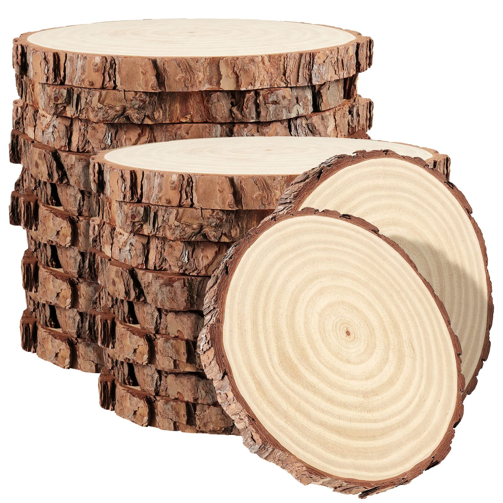 PINGEUI 20 Piece 14-16 cm Natural Wood Slices, Unfinished Wooden Circles with Bark, Round Blank Wooden Slices Wood Discs for DIY Crafts, Christmas Ornaments and Wedding Decorations