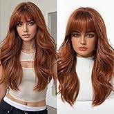 Nuxovin Long Curly Wigs Human Hair Auburn with Curtain Bangs Lightweight Breathable Natural Looking Hair Replacement for Women Daily Party (Auburn,20inch)