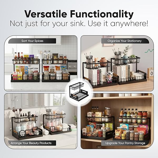 SHOPSMATLY UNDER SINK ORGANIZER 2-PACK, METAL UNDER SINK ORGANIZER FOR KITCHEN & BATHROOM, MULTI-USE UNDER SINK STORAGE RACK FOR CLEANING SUPPLIES AND BATHROOM ESSENTIALS (BLACK)