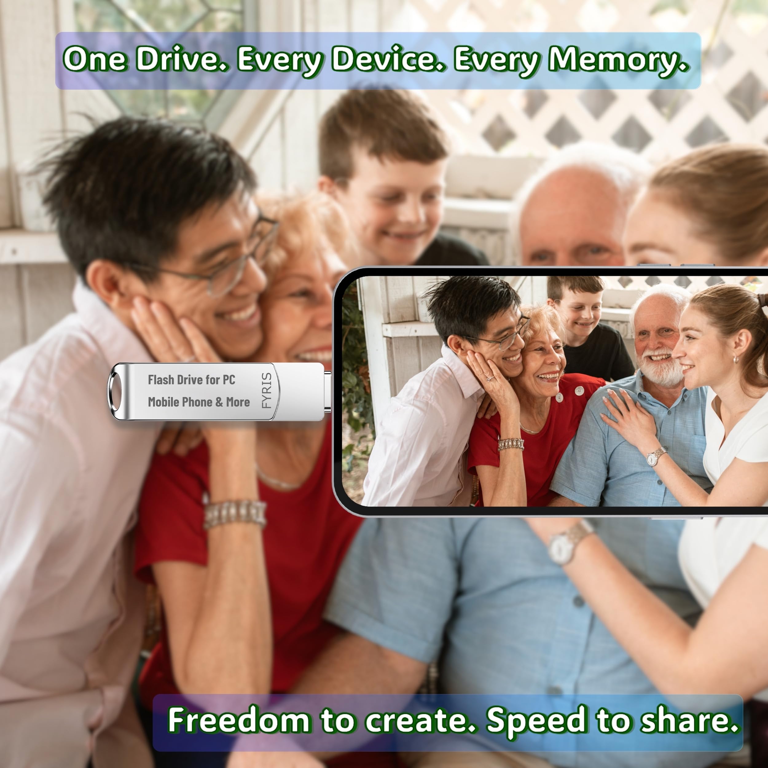 iPhone USB Storage Flash Drive 256GB – FYRIS 3-in-1 MFi Certified Backup Drive for Android, iPad, Mac & PC – Lightning & USB-C – No App Needed (Thorns)