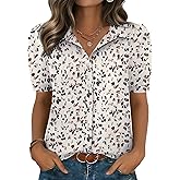 Zeagoo Women Button Down Shirts Puff Short Sleeve Blouses Chiffon Tops Business Casual Outfits Summer Clothes