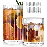 Ribbed Glass Cups Set of 8 - 4 Large Capacity Highball Glasses 17oz, 4 Rocks Glass Cups 12oz, Cocktail Glasses, Drinking Glasses Ideal for Beer, Juice, Water, Ice Coffee Cup, Whiskey, Mixed Drinkware