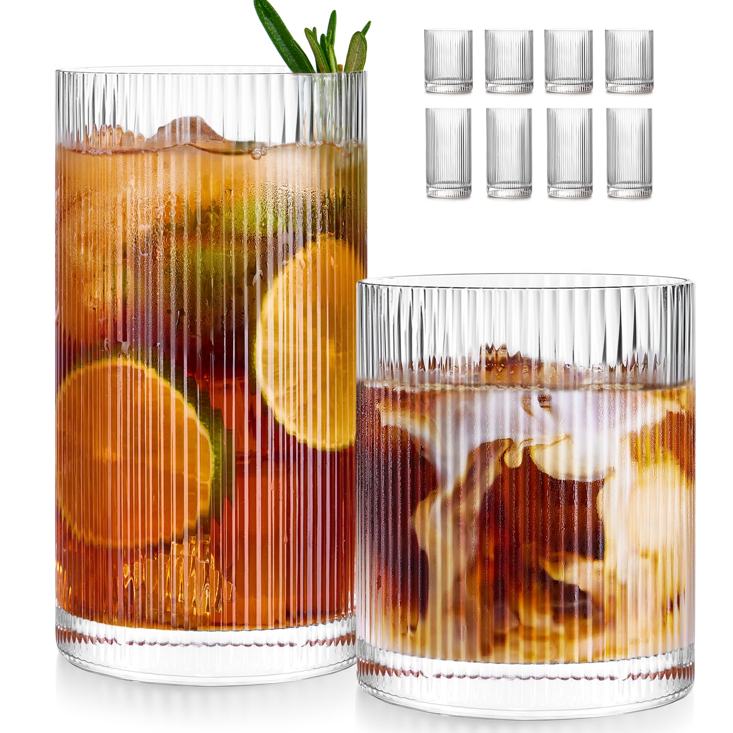 ribbed highball and rocks drinking glasses, set of eight