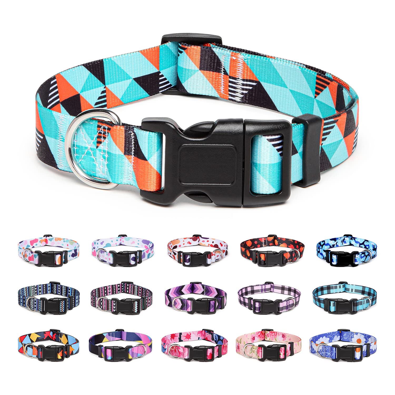 Suredoo Adjustable Nylon Dog Collar with Patterns, Soft Comfy Pet Collar for Small Medium Large Dogs (S, Geometry)