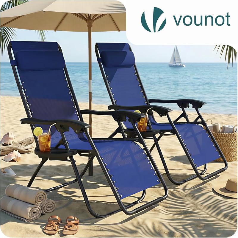 Set di 2 Sdraio da Giardino con Portabicchieri e Poggiatesta Regolabile, Sedia Pieghevole Zero Gravity da Esterno, Poltrona Relax, Carico Massimo 120kg, Blu